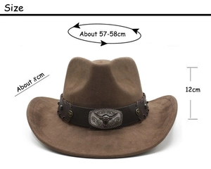 Detail of vintage suede cowboy hat with embossed metal bull head buckle and size specs