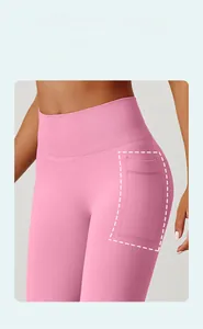 Detail of high waist yoga pants in pink with seamless ribbing and side utility pocket