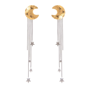 Two-tone stainless steel star and moon tassel earrings with golden lunar top and silver chains