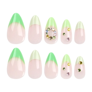 French almond press-on nails in mint green with sparkling colorful rhinestones