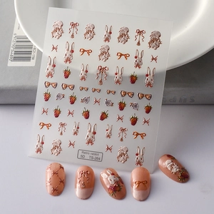 5D embossed nail art stickers with retro rabbit and bow designs for 3D manicures