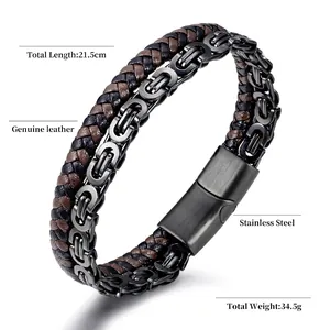 Men's double-layer braided leather and stainless steel chain bracelet with magnetic clasp