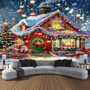Detail of Christmas wall tapestry showing a snowy cabin with festive holiday decorations