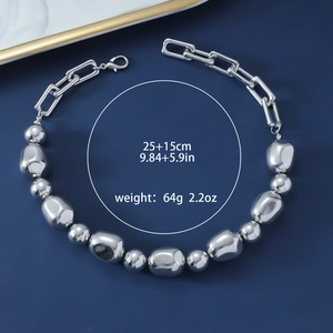 Detail view of punk chunky silver bead choker with dimensions 25 plus 15cm and 64g weight