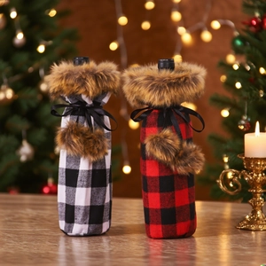 Christmas Plaid Wine Bottle Cover Faux Fur Collar Bow Knot Tassel Ball Festive Decoration For Wine Bottles Christmas Party Table Decor