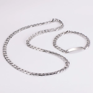 Close-up of silver stainless steel Cuban chain set with polished rectangular ID tag