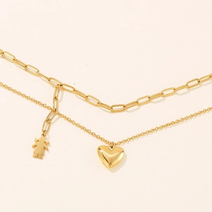 Double layer gold stainless steel necklace featuring a heart and girl silhouette pendant