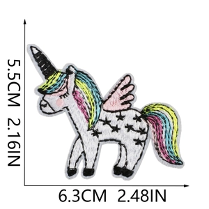 Detailed embroidery size chart showing a 5.5cm by 6.3cm colorful unicorn patch