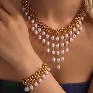 Collier Et Bracelet En Acier Inoxydable Pour Femmes Multi Couches Plaqué Or Künstliche Perle De Riz Franges Élégant Style Cour