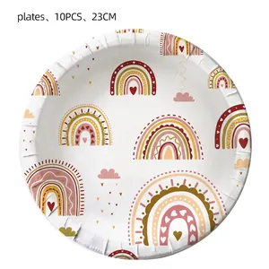 Detail of 23cm boho rainbow disposable paper plates for bohemian party tableware