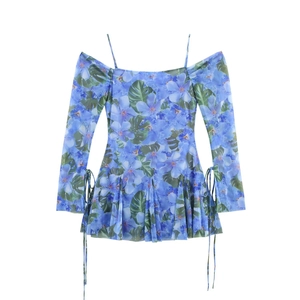 Blue tropical print off-shoulder dress with spaghetti straps and pleated hem details