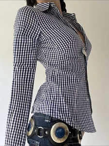Slim fit black and white gingham long sleeve shirt for women with classic turn-down collar