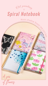 Detail of A5 spiral notebooks featuring 3D oil painting texture and floral embossed covers