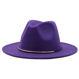 Classic purple wool felt Fedora hat with wide brim and elegant gold metal bar detail