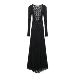 Women Sexy Black Lace Maxi Dress Backless Long Sleeve Round Neck Floor Length Elegant Party Evening Solid Color Gown