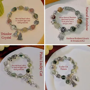 Ethnic style 10mm natural crystal beaded bracelets with retro silver alloy charms