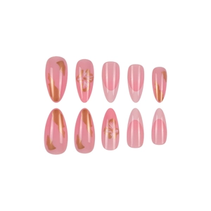 Pink almond fake nails set with gold flower patterns and glossy finish on white background