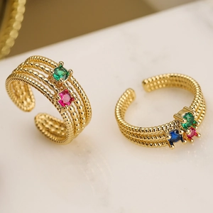 Adjustable gold plated beaded open ring set with colorful zircon gemstones for women