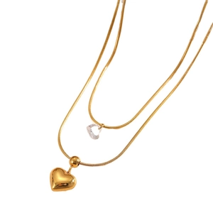 Double layer 18k gold plated snake chain necklace with heart pendant and zircon stone