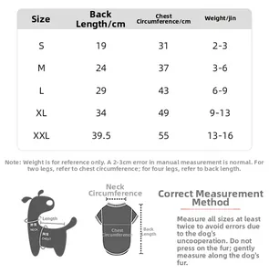 Size chart for pet clothing with back length and chest measurements for small dogs