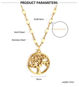 Detailed product parameters of gold Tree of Life stainless steel necklace with size specs