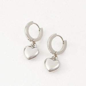 Polished silver heart drop earrings with minimalist stainless steel hoop design