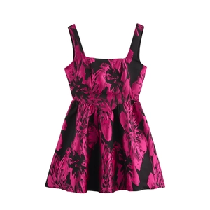 Floral Jacquard Mini Dress Backless Bow Square Neck Sleeveless A-Line Elegant Summer Short Skirt For Women