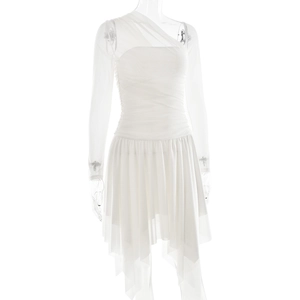 Detail of white mesh sleeve and asymmetric ruffle hem on the sexy cocktail dress