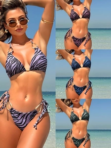 Zebra Print Bikini Halter Neck Triangle Bra Side Tie Bottoms Metal Ring Decor Sexy Beachwear For Women Fashion Western