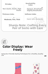 Detail of pink strawberry socks showing breathability, elasticity, and softness charts