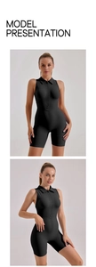 Detail of black sports romper with polo collar and front zipper for yoga fitness