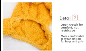 Detail view of yellow sherpa fleece pet jumpsuit with belly opening for comfort