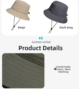 Detail of beige and dark grey sunhats featuring dense stitching and adjustable wind cords