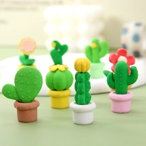 Close-up of cute 3D cactus succulent erasers in mini pots with detailed TPR texture