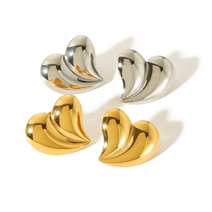 Polished 18K gold and silver stainless steel heart-shaped earrings with folded design