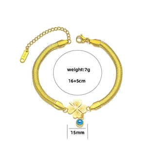 Gold snake chain bracelet with clover and evil eye charms, 18KGP 16+5cm size