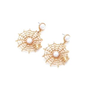 Golden spider web earrings with faux pearls and spider detail on a clean white background