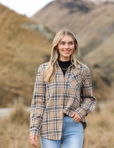 Detail of khaki plaid shirt featuring a button-down collar and single chest pocket