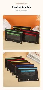 Detail of multi-color zippers on 3-ring binder pouches with mesh window for storage