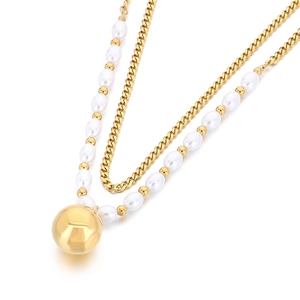 Double-layered gold titanium necklace with faux pearls and polished metal ball pendant