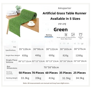 Detailed view of artificial grass table runner with size chart and care instructions