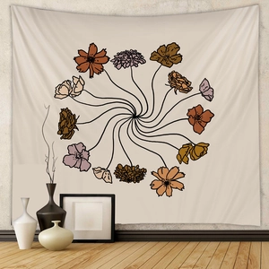 Bohemian floral wall tapestry featuring a spiral of 12 flowers on a beige backdrop