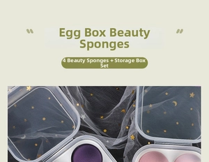 Detailed set of 4 soft makeup sponges in purple and pink with a clear storage box