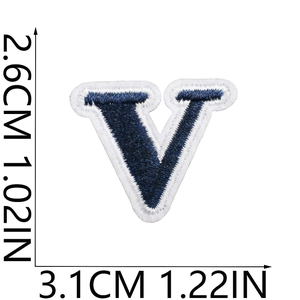 Mini navy blue embroidered letter V patch with white border for clothing and bags