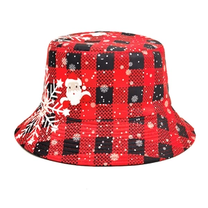 Polyester Christmas Bucket Hat For Women Men Retro Buffalo Plaid Santa Claus Snowflake Pattern Printed Foldable Sun Hat