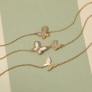 Dainty Butterfly Bracelet For Women Stainless Steel Shell Inlay Cubic Zirconia Rhinestone Elegant Fashion Accessory