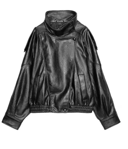 Detail of black faux leather biker jacket with high neck, grain texture and button closure