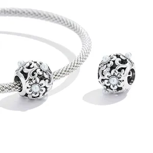 S925 sterling silver hollow floral charm with white pearls for snake chain bracelets