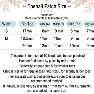 Size chart for handmade burgundy cat-eye press-on toenails in sizes S, M, and L