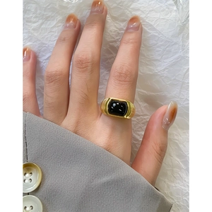 Retro S925 silver ring featuring wide gold plating and a large rectangular black onyx gem